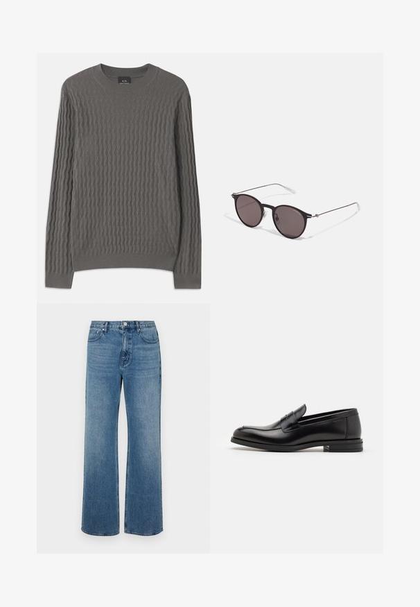 Armani Exchange Neule - dark gull zig zag; Levelederg blå jeans laget av denim med en falmet finish. Har fem lommer, glidelås foran og rett snitt.; Mustat nahkakengät, joissa on sileä pinta, pyöreä kärki ja koristeellinen nauha jalkapöydän yli. Matala pinoitu koroke, minimalistinen muotoilu.; Musta pyöreä aurinkolasit tummilla linsseillä ja kapeilla metallikehyksillä. Sisältää kirkkaat temppelet ja hopeiset yksityiskohdat saranassa. Minimalistinen muotoilu.