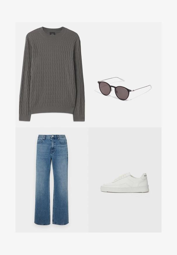 Armani Exchange Strickpullover - dark gull zig zag; Weite blaue Jeans aus Denim mit einem verblassten Finish. Verfügt über fünf Taschen, einen Frontknopfverschluss und einen geraden Schnitt.; Weiße Ledersneaker mit glatter Oberfläche, runder Zehenpartie, flachen Schnürsenkeln und strukturiertem Sohlenprofil. Mit einem dezenten Logo an der Ferse.; Schwarze runde Sonnenbrille mit dunklen Gläsern und schlanken Metallbügeln. Enthält klare Tempelspitzen und silberne Akzente am Scharnier. Minimalistisches Design.