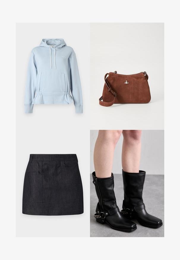 Gaiši zils kapucēta džemperis no mīksta auduma ar auklu kapucē, elastīgu jostasvietu un divām priekšējām kabatām. Vienkāršs logotipa elements.; Balta satīna blūze ar augstu apkakli, priekšpuses šķēlumu, garām piedurknēm un pogām aiztaisāmiem aprocēm. Gluda tekstūra un minimālistisks dizains.; Tumša džinsa svārki ar taisnu griezumu, piedāvājot divas priekšējās kabatas un smalku tekstūru. Tīrs apakšmalas dizains un standarta josta.; Melni ādas līdz ceļiem zābaki ar kvadrātveida purngaliem, sānu rāvējspiedi un regulējamu siksnu ar metāla ķēdes akcentu. Matēta apdare un izturīga zole.; Brūnas zamša rokassoma ar rāvējslēdzēja aizdari, regulējamu plecu siksnu un sudraba furnitūru, ar smalku teksturētu virsmu.