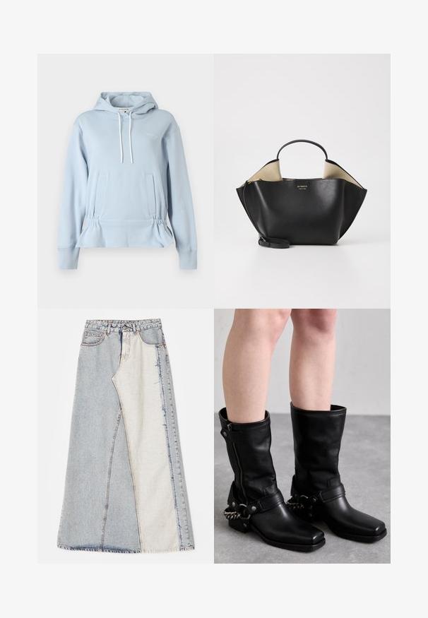 Světle modrá mikina s kapucí z jemné látky, vybavená stahovací šňůrkou, elastickým pasem a dvěma předními kapsami. Jednoduchý detail s logem.; Džínová sukně s patchwork vzorem obsahující světlé a středně modré části, roztrhané okraje a vysoký pas. Klasický pětikapsový styl.; Černé kožené vysoké boty po kolena se čtveratou špičkou, bočním zipem a nastavitelným páskem s kovovým řetízkem. Matný povrch a pevná podrážka.; Ree Projects ANN TOTE MINI - Kabelka - black