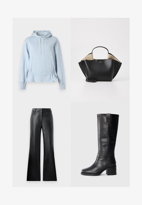 Svetlo modra jopa s kapuco, izdelana iz mehkega blaga, ima zavezovanje z vrvico, elastičen pas in dva sprednja žepa. Enostaven detajl z logotipom.; Črne usnjene flare hlače z gladko teksturo, ki imajo dve sprednji žepu s črnimi in rjavimi poudarki blizu pasu.; Črne usnjene škornje do kolen z gladko teksturo, kvadratnim nosom, blok peto in stranskimi zankami za obuvanje, ki vsebujejo minimalne šive.; Ree Projects ANN TOTE MINI - Torbica - black