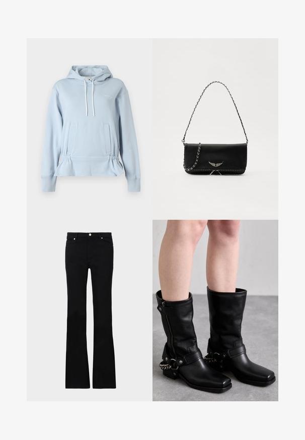 Világoskék kapucnis pulóver puha anyagból, húzózsinórral, gumírozott derékrésszel és két elülső zsebbel. Egyszerű logó részlet.; Fekete, bővülő szárú farmernadrág, két elülső zsebből áll, gombos záródással és sima textúrával rendelkezik. A varrásoknál látható a jellegzetes öltés.; Fekete bőr, térd fölé érő csizmák, négyzet alakú orral, oldalsó cipzárral és állítható pánttal, melyen fém lánc díszítés található. Matt felület és tartós talp jellemzi.; Fekete bőrtáska ezüstlánc pánttal, díszes szárnyakkal és fehér varrással az alsó varrat mentén.