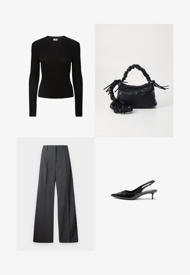 Camisola preta de manga longa com decote redondo e silhueta ajustada, feita de um material de malha texturizada.; Calças de perna larga em tecido cinza escuro, apresentando uma cintura alta, pregas simples e uma textura suave com um acabamento limpo nas bainhas.; Sapatos de salto alto slingback em couro preto com bico fino, pequeno salto kitten e um detalhe decorativo em forma de nó na parte da frente. Textura suave em toda a parte.; Bolsa de mão em couro sintético preto com textura de crocodilo, topo franzido e alça enrugada. Apresenta um design suave e compacto.