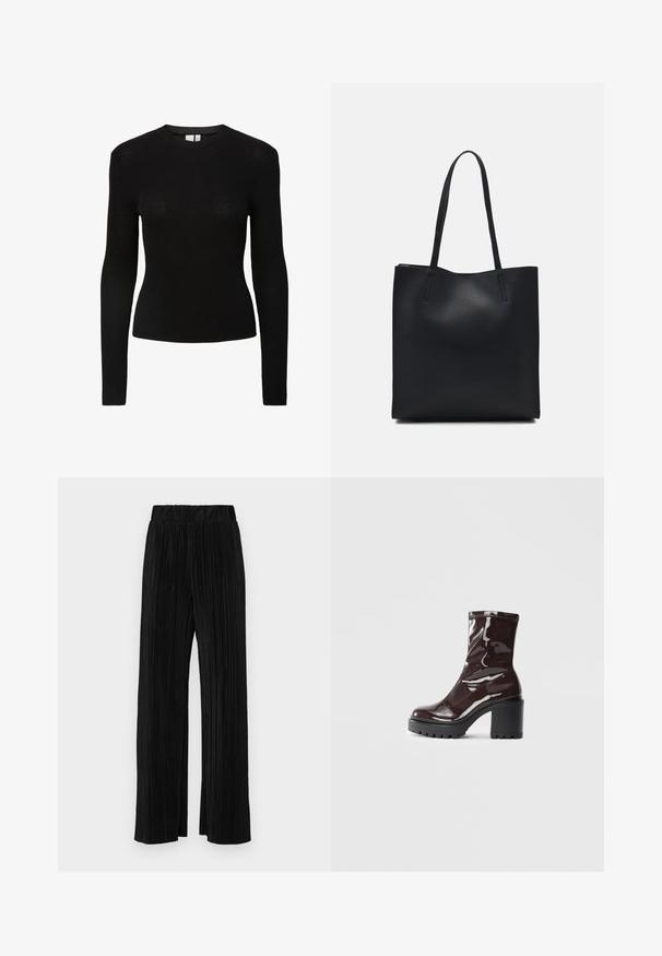 Camisola preta de manga longa com decote redondo e silhueta ajustada, feita de um material de malha texturizada.; Calças pregueadas pretas com uma cintura elástica. Apresentam pernas largas e um tecido liso, texturizado com riscas verticais.; Bota de tornozelo burgundy brilhante com um salto preto robusto, apresentando uma textura suave e um design simples. Sem fechos ou padrões visíveis.; Bolsa tote preta em couro com textura lisa, forma retangular e duas alças longas. Sem hardware ou enfeites visíveis.