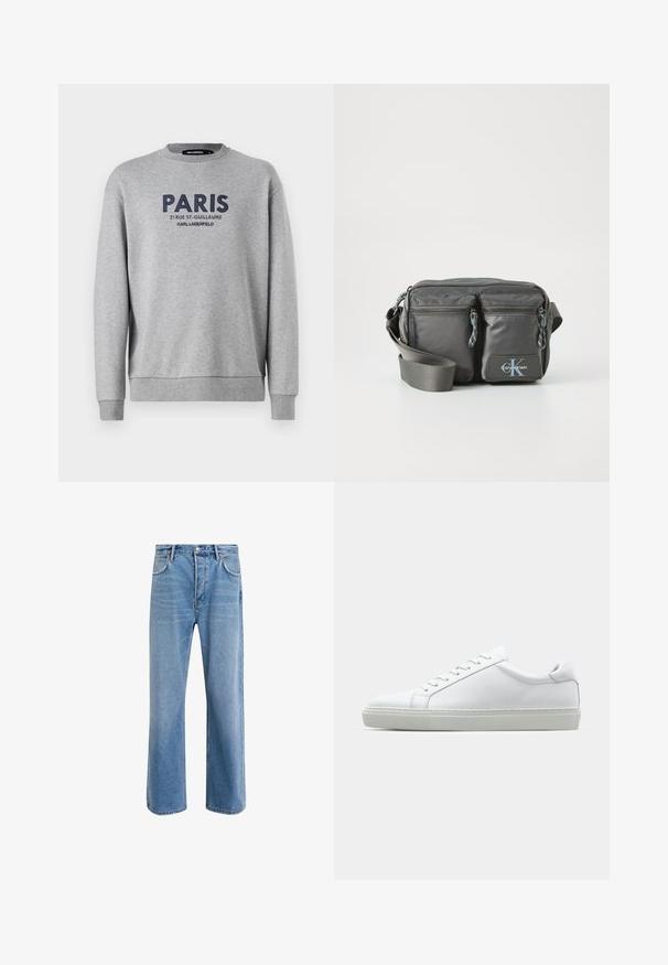 Hallika sügisjakk ümmarguse kaelusega, millel on tumesinine brodeeritud "PARIIS" ja aadressi detail. Pehme kangas, millel on soonikkoes varrukate ja hem. ; Heledad sinine teksapüksid otse lõikega, viie taskuga, nupuga sulgemine, minimaalne kulumine ja kontrastsed õmbluse detailid.; Valge tennisetoss, millel on sile nahk pealis ja madal profiil. Omab ümarat ninaosa, kuut silmust ja tekstuuriga kummist talda.; Halletud nailonist ristiüle kantav kott, millel on kaks lukuga esikotid, reguleeritav rihm ja logo aktsent. Sile tekstuur ja kaasaegne disain.