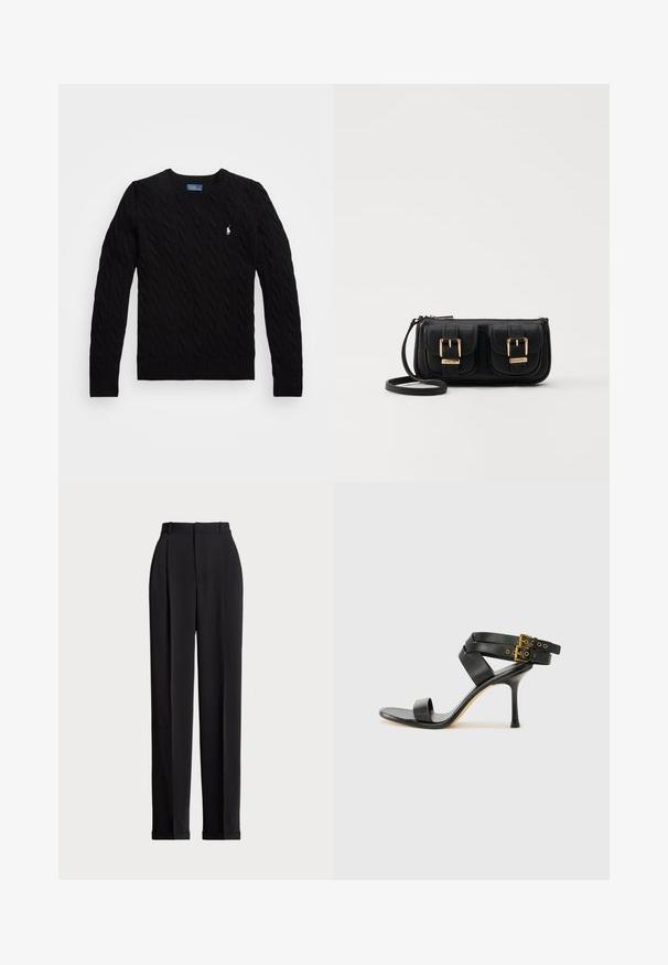 Musthave mustrikkiga must särk, millel on V-kaelus, soonikkoht ja pikad varrukad; vasakul rinnal on väike valge logo.; Mustad kohandatud püksid kõrge vöökohtaga, ees plisseeritud, sirge sääre disainiga ja mansetiga hem. Valmistatud sileda kangaga.; Mustad mustand koos ristatud rihmade ja reguleeritava pandlaga. Omab siledat tekstuuri ja kitsenevat stiletto kontsa.; Must küllastamata nahast õlakott, millel on kaks esist nähtavat taskut, kuldsed pandlad, tõmblukuga sulgemine ja peen rihm. Tekstuuriga pind ja kompaktne ristkülikukujuline kuju.