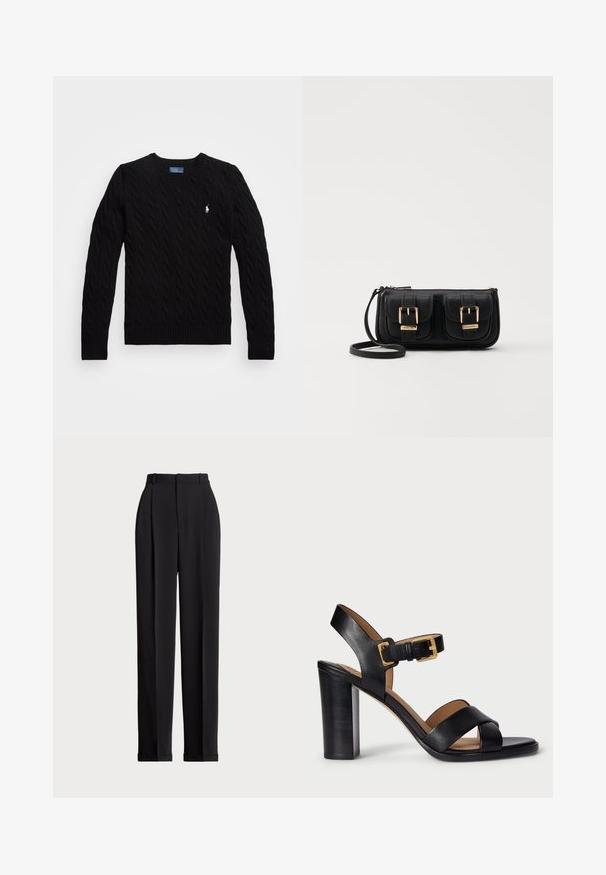 Sweater preto de malha trançada com decote em V, bainha canelada e mangas longas; apresenta um pequeno logótipo branco no lado esquerdo do peito.; Calças pretas ajustadas com uma cintura alta, apresentando pregas na frente, um design de perna reta e bainha com punho. Feitas de tecido suave.; Sandálias de salto alto em couro preto com design de tiras cruzadas e fecho com fivela. Apresentam um salto robusto e textura suave.; Bolsa de ombro em couro preto com dois bolsos frontais, fivelas douradas, fecho de zíper e uma alça fina. Superfície texturizada e forma retangular compacta.