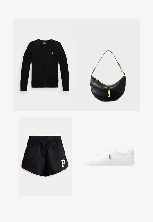 Črna pulover z pleteno strukturo in V-izrezom, rebrastim robom ter dolgimi rokavi; vsebuje majhen bel logotip na levem prsnem delu.; Črne športne hlače z elastičnim pasom, kremnimi stranskimi črtami in belim logotipom "P" na spodnjem levem delu. Gladek material, sproščen kroj.; Bela usnjena teniski čevlji, nizki model, z gladko teksturo, okrogle konice, vezavi spredaj ter majhnim vezenim logotipom na strani.; Črna usnjena torbica v obliki polmeseca. Ima zlato kovinsko dekoracijo in ozek trak. Gladka tekstura, z zadrgo na vrhu.