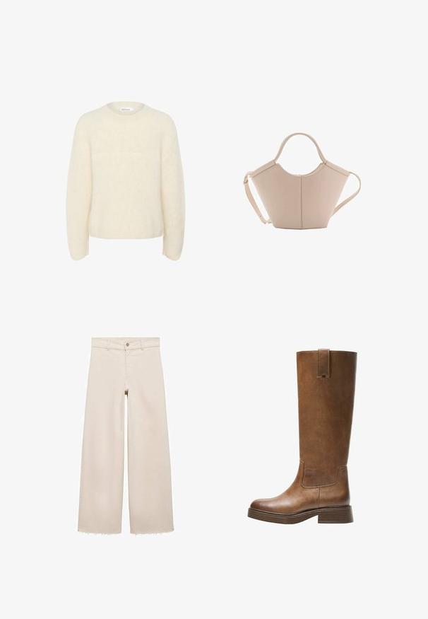 Maglione oversize color avorio realizzato in tessuto morbido e testurizzato. Presenta un collo rotondo e maniche lunghe con una vestibilità rilassata. Nessun motivo visibile.; Jeans beige a gamba larga con vita alta, dotati di chiusura a pulsante, tasche frontali e orlo sfrangiato. Realizzati in tessuto denim.; Stivale marrone in pelle alto fino al ginocchio, con punta tonda, superficie testurizzata e tacco basso impilato. Presenta un pannello laterale e una linguetta di apertura in cima.; Borsa in pelle beige con una forma unica, caratterizzata da due manici corti e una lunga tracolla regolabile. Texture liscia con hardware minimale.