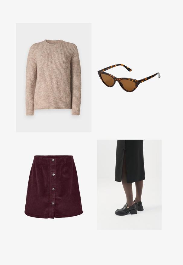 Bežinis megztinis su tekstūriniu, raštuotu dizainu, apvalia iškirpte ir ilgomis rankovėmis. Medžiaga atrodo minkšta ir jauki.; Vyno raudonos kordūroja mini sijonas su A formos siluetu, turintis penkis sidabrinius mygtukus priekyje ir subtilią raukšlių tekstūrą.; Juodos odinės bateliai su apvaliu nosiu, stora blokine pakulne ir elastingais šonais, derinami su tamsiomis pėdkelnėmis ir juoda sijonu su plyšiu.; Katės akies saulės akiniai su juodu ir oranžiniu šarvuotu rėmeliu, ruda objektyvu ir elegantiškais, smailiais galiukais. Rėmelyje yra minimalus logotipas ant šventės.