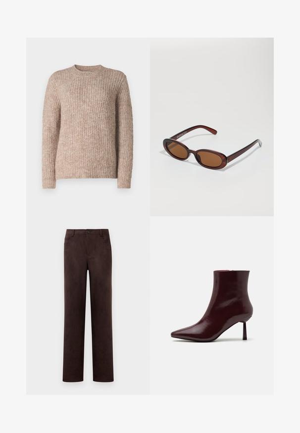 Bež pleteni pulover z teksturirano rebrasto zasnovo, okroglim ovratnikom in dolgimi rokavi. Tkanina se zdi mehka in prijetna.; Hlače iz temno rjave nobuk kože s ravnimi nogavicami, sprednjim gumbom in zadrgo, z zankami za pas in stranskimi žepi.; Burgundska patentna kožna gležnjarja s koničastim nosom in ozko špicasto peto, s gladko, sijočo teksturo in minimalističnim dizajnom.; Okrogle, rjavo obarvane sončne naočare z sijočim burgundskim okvirjem. Tanek nosilec s subtilnim logotipom. Oblika leč je ravna.