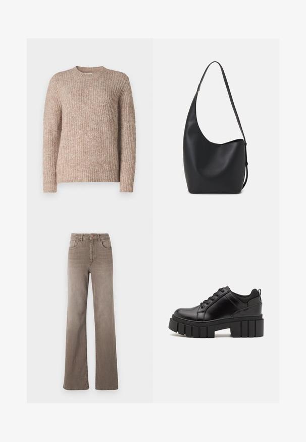 Beige stickad tröja med en strukturerad, ribbad design, rund halsringning och långa ärmar. Tyget verkar mjukt och mysigt.; Bruna högmidjade rakbenade jeans med framknapp, bältesöglor och klassisk femfickorsdesign på vit bakgrund.; Svarta läderplattformsskor med en kraftig blockklack, rund tå och traditionell snörningsdesign. Har en slät textur och minimal detaljering.; Svart läder hobo-väska med en slät textur, kurvig form och en justerbar axelrem; har en bred öppning upptill.