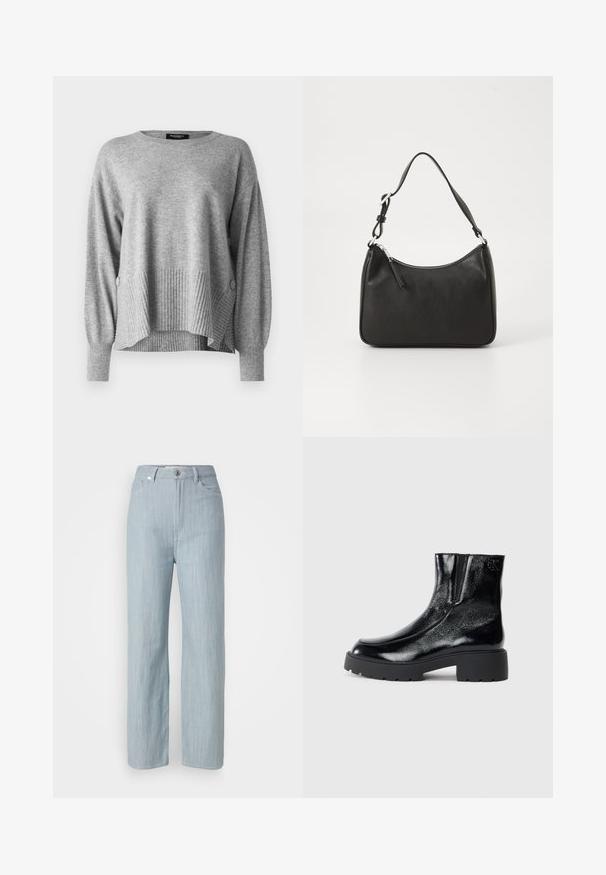 Gray sweater with ribbed texture at the hem and sleeves, featuring a relaxed fit and slouchy design, with button details on the sides.; Light blue straight-leg jeans made of denim. Features five pockets, a metal button closure, and subtle whiskering for texture.; Black ankle boots with a glossy patent leather finish, chunky black rubber sole, and raised heel; includes subtle logo detail on the side.; Black leather handbag with a curved shape, a single strap, zip closure, and subtle branding on the front. Smooth texture, minimalist design.