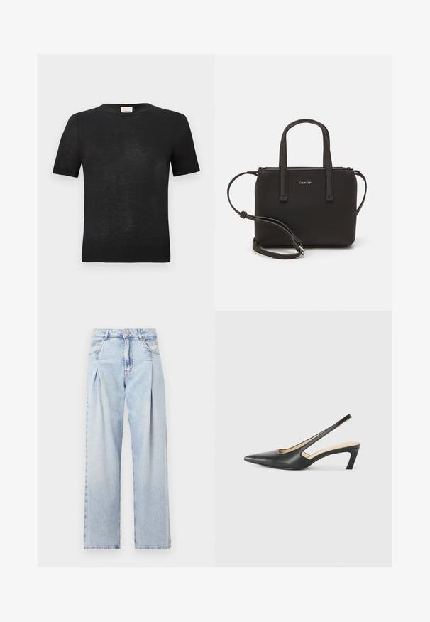 Melnā īsām piedurknēm T-krekls, izgatavots no viegla, teksturēta auduma. Apaļš kakls ar smalku ribotu apdari pie piedurknēm un apakšmalas.; Gaiši zilas džinsu bikses ar augstu jostasvietu, plats kāju griezumu, divām sānu kabatām un krokotā dizaina akcentiem. Mīksta tekstūra ar izdilušu apdari.; Melna, ar smailu purngalu, slingback kurpe ar zemu papēdi, izgatavota no gludas ādas materiāla un ar izgriezumiem sānos gaisa caurlaidībai.; Melns roku soma ar divām īsām rokturiem un noņemamu plecu siksnu. Gluda ādas līdzīga materiāla ar rāvējslēdzēja aizdari un logos detaļu.