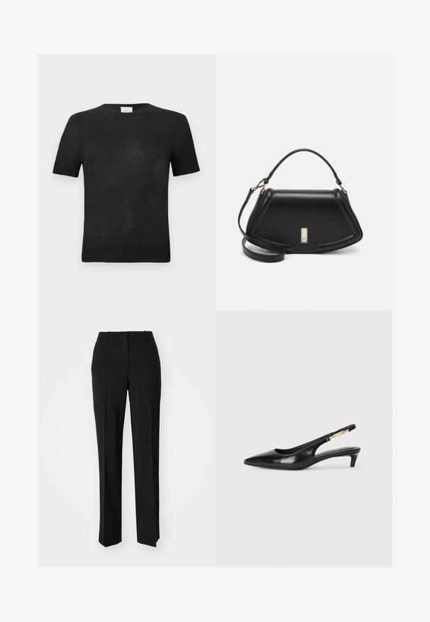 T-shirt nera a maniche corte realizzata in tessuto leggero e testurizzato. Collo rotondo con un sottile bordo a coste su maniche e orlo.; Pantaloni neri su misura con un design a gamba dritta, caratterizzati da una texture liscia e pieghe ben definite sul davanti. Senza hardware visibile.; Tacchi slingback in pelle nera con punta affusolata, caratterizzati da un tacco alto e un accento dorato sulla cinghia regolabile. Texture liscia.; Borsa a mano in pelle nera con un design strutturato, caratterizzata da una forma corta, manico superiore e accessori in metallo dorato. Inclusa tracolla regolabile.