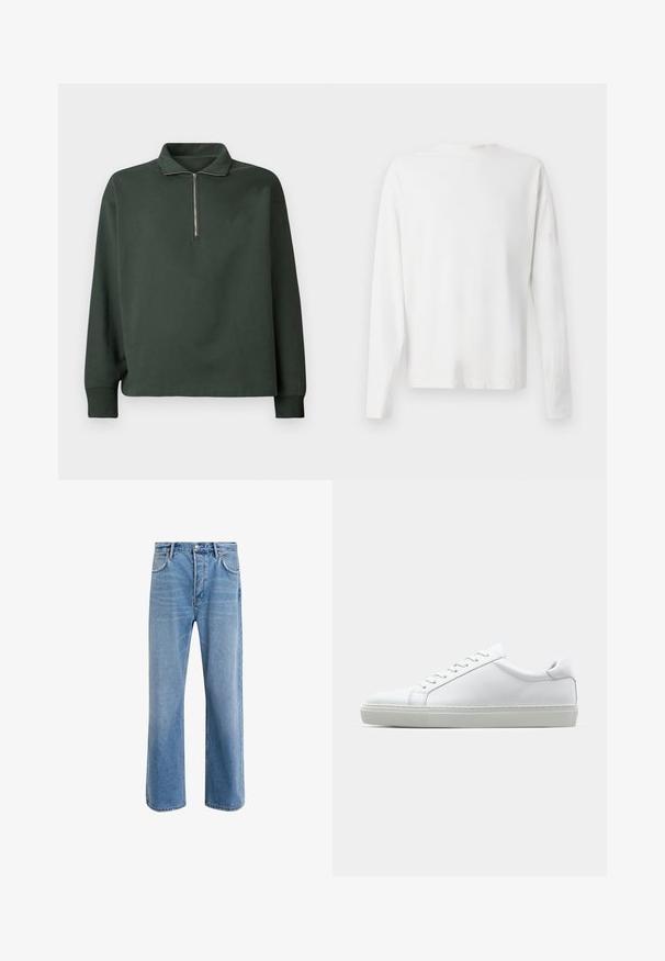 Tmavě zelený svetr s vysokým límcem a částečným zipem. Vyrobený z měkké látky, má dlouhé rukávy a volný střih.; Bílá bavlněná košile s dlouhým rukávem a kulatým výstřihem, s bočními rozparky na spodní části a hladkým povrchem, vystavená zezadu.; Světle modré džínové kalhoty s rovnými nohavicemi, pěti kapsami, zapínáním na knoflík, minimálním vyblednutím a kontrastním prošitím.; Bílé tenisky s hladkým koženým svrškem a nízkým profilem. Mají zaoblenou špičku, šest nýtů a texturovanou gumovou podrážku.