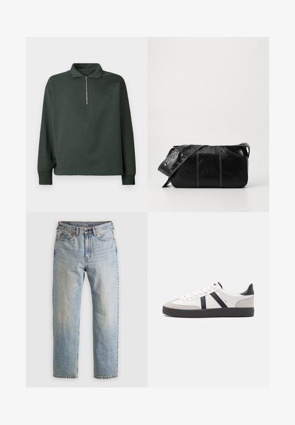 Mørkegrønn genser med høy hals og delvis glidelås. Laget av myk stoff, har lange ermer og en avslappet passform.; Lys blå denim jeans med høy midje, frontknapp, glidelås og fem-lommers design, lagt flatt på en nøytral bakgrunn.; Hvite sneakers med svarte og grå detaljer, med en teksturert grå tåhette, svart gummisåle, og flate hvite lisser. Rent design, minimalistisk stil.; Svart lær skulderveske med glidelås, med teksturert overflate, hvite sømmer og en stropp med sølvringer.