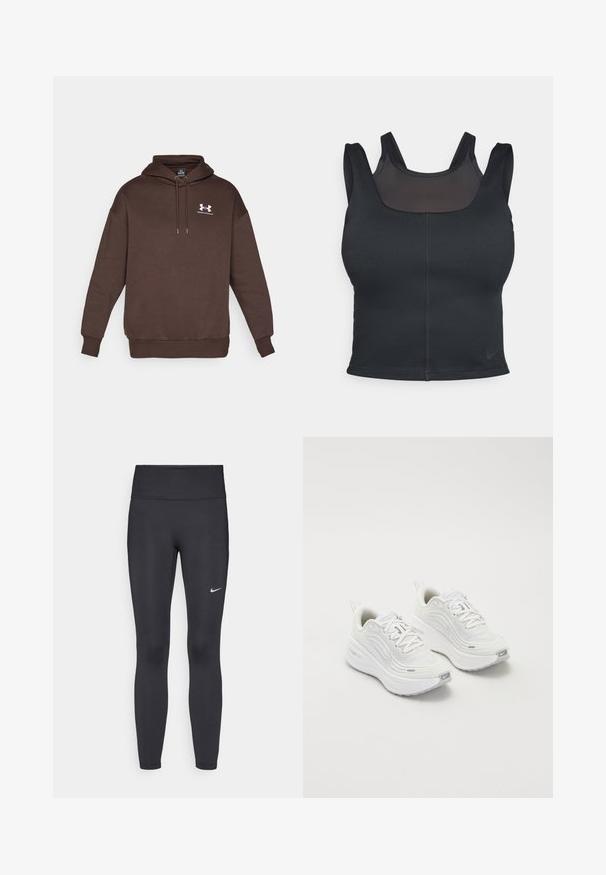 Hnědá mikina s kapucí vyrobená z měkké tkaniny, s tkaničkou v kapuci, žebrovanými manžetami a lemem a malým bílým logem Under Armour na hrudi.; Černá sportovní podprsenka s přiléhavým střihem, širokými ramínky a síťovaným překrytím na přední straně. Hladký povrch a minimální švy. Logo Nike na lemu.; Černé legíny vyrobené z elastického materiálu, s vysokým pasem a bílým logem Nike na levém stehně. Hladká textura, přiléhavý střih.; Bílé sportovní boty s texturovaným síťovým svrškem, polstrovanou podešví a jemnými šedými akcenty. Obsahují branding a smyčku na patě pro snadné obouvání.