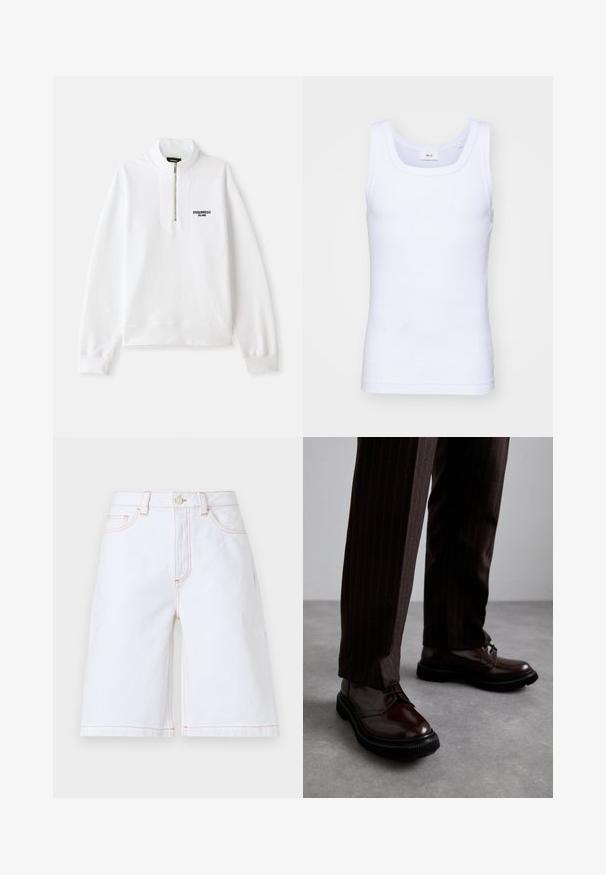 Balts jaku ar rāvējslēdzēju un augstu apkakli, ar melnu logo priekšpusē. Mīksts audums, brīvs piegriezums, ribu aproces un apakšmala.; Balta kokvilnas bez piedurknēm tank top krekliņš ar apaļu kakla izgriezumu, ar gludu tekstūru un pieguļošu formu, paredzēts ikdienas valkāšanai.; Biezi balti džinsi šorti ar taisnu griezumu, pieciem kabatām un kontrastējošām brūnām šuvēm. Iekļauta priekšējā pogu un rāvējslēdzēja aizdare.; Brūni ādas šņorējami apavi ar spīdīgu apdari, melna gumijas zole un smalki satīti šuvumi. Valkāti ar svītrainām brūnām biksēm.