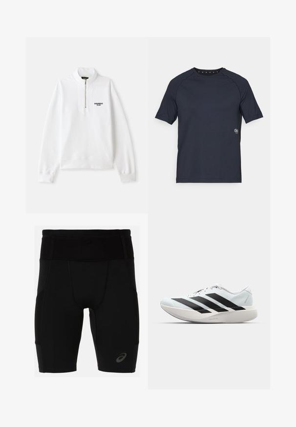 Sweatshirt zippé blanc avec un col haut, arborant un logo noir sur le devant. Tissu doux, coupe décontractée, poignets et ourlet côtelés.; T-shirt à manches courtes bleu marine foncé en tissu léger, avec un col rond et de petits détails en œillet à l'arrière, ainsi qu'un logo sur le devant.; Shorts de sport noirs avec un design ajusté, fabriqués en matériau lisse. Présentent une taille haute et un petit logo sur la jambe gauche inférieure.; Baskets de course légères en bleu pâle avec des rayures noires. Elles présentent un dessus lisse, un embout rond et une semelle intermédiaire blanche épaisse étiquetée "LIGHTSTRIKE PRO".