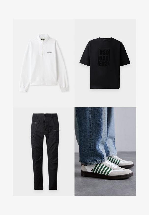 Sweatshirt zippé blanc avec un col haut, arborant un logo noir sur le devant. Tissu doux, coupe décontractée, poignets et ourlet côtelés.; Dsquared2 LOOSE FIT CREW NECK - T-shirt imprimé - black; Pantalons cargo noirs en tissu résistant, avec plusieurs poches, une fermeture à bouton et un design à jambes droites. Texture lisse et finition mate.; Baskets blanches et vertes en matériaux daim et cuir, avec des rayures vertes, des lacets blancs et une semelle en caoutchouc. Associées à un jean bleu.