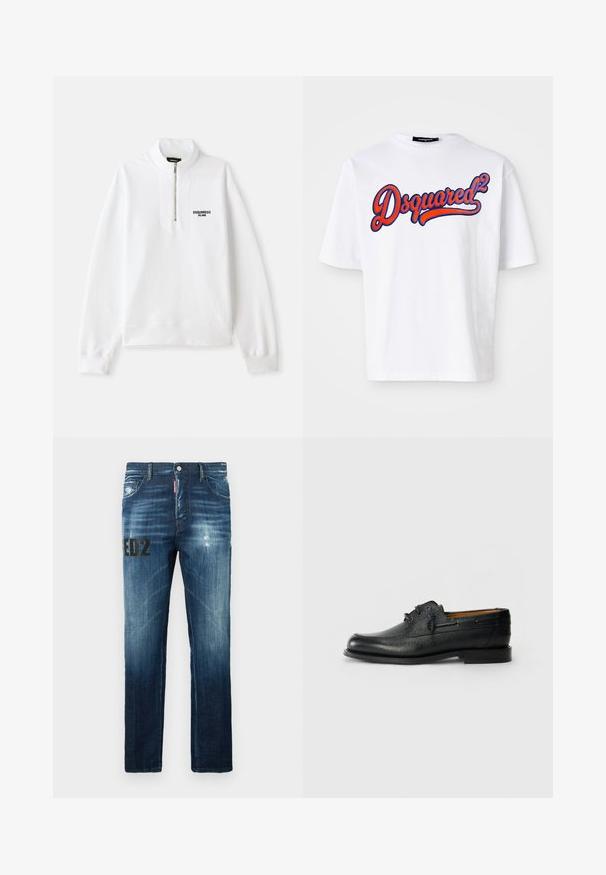 White zip-up sweatshirt with a high collar, featuring a front logo in black. Soft fabric, relaxed fit, ribbed cuffs and hem.; White cotton t-shirt with a crew neck, featuring a prominent blue and red embroidered "Dsquared²" logo on the front. Short sleeves.; Dark blue denim jeans with a straight-leg fit, featuring a distressed texture, subtle fading, and a black graphic print on the left leg.; Black leather shoe with textured surface, round toe, and two eyelet lace-up design. Features a flat sole and minimalistic branding on side.