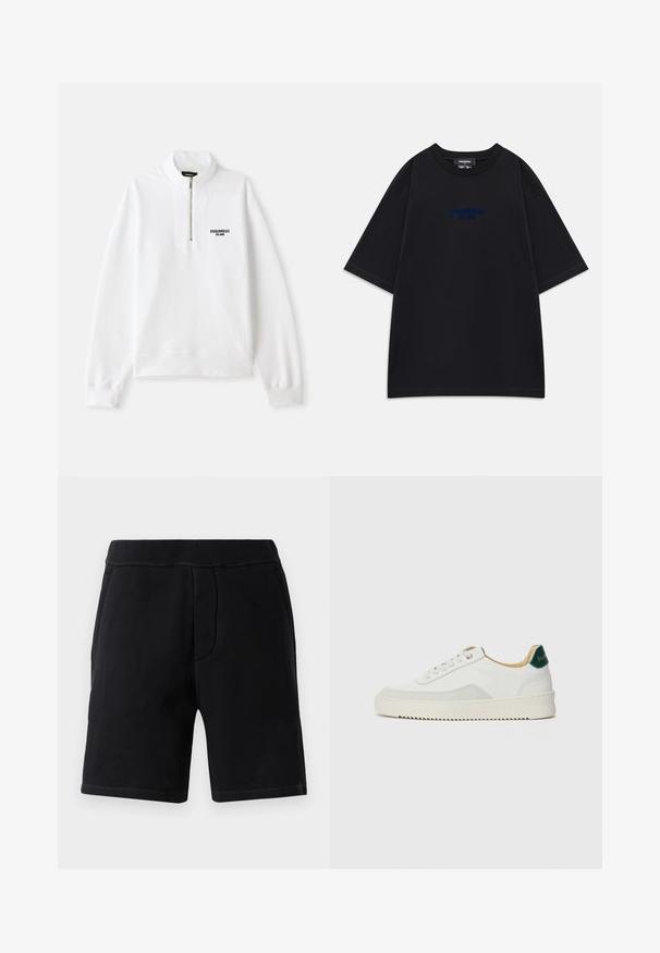 Hanorac alb cu fermoar, cu un guler înalt, având un logo frontal negru. Material moale, croială lejeră, manșete și tiv ribbate.; Tricou negru supradimensionat cu mânecă scurtă, guler rotund și text mic albastru "DSQUARED2 MILANO" pe piept.; Șorturi atletice negre dintr-un material moale; au un elastic în talie, două buzunare laterale și o cusătură contrastantă.; Sneaker alb cu accente din suede, vârf rotund, șireturi plate și o talpă din cauciuc crem. Are un logo verde pe călcâie.