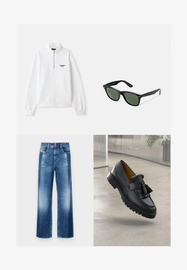 White zip-up sweatshirt with a high collar, featuring a front logo in black. Soft fabric, relaxed fit, ribbed cuffs and hem.; Wide-leg denim jeans in medium blue, featuring a button closure, front pockets, and slight fading. Clean hem with a straight cut.; Black leather loafer with tassel detail, smooth finish, and rubber sole with traction grooves. Interior lined in contrasting brown.; Black plastic sunglasses with green lenses, square frames, silver accent on the brow, and textured temple arms. Stated brand on inner arm.