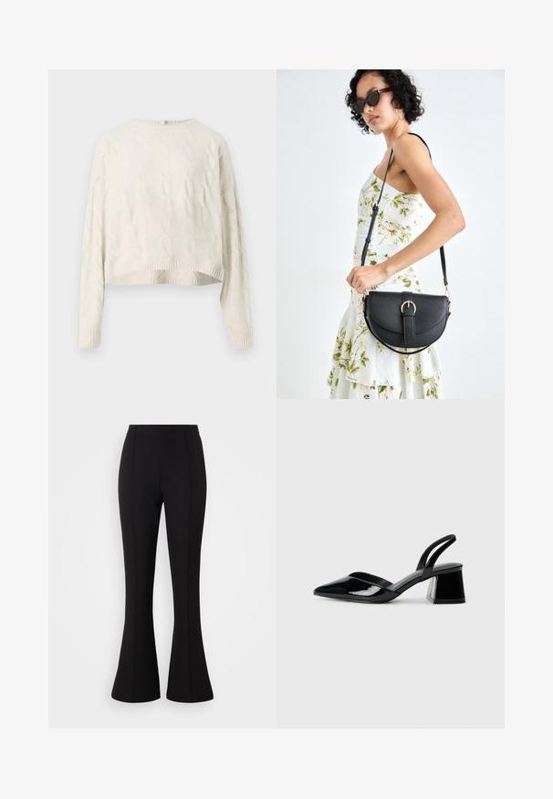 Krem pulover z kabelskim pletenjem, okrogla izrezana ovratnika, skrajšanega roba in rebrastih manšet. Ima teksturiran vzorec po celotni tkanini.; Črne razširjene hlače iz raztegljive tkanine, ki imajo gladko teksturo, visok pas in šive vzdolž sprednje strani.; Črne lakirane slingback pete s koničastim nosom in geometrijsko blokasto peto. Imajo eleganten, minimalističen dizajn in gladko teksturo.; Črna usnjena torbica s ukrivljeno obliko, z odstranljivo naramnico in zlatimi dodatki. Torbica ima pokrov s podrobnostmi v obliki zaponke.