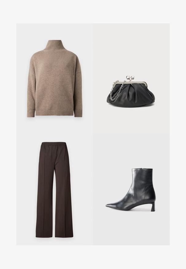 Pull col roulé marron en maille avec manches longues et poignets et ourlet côtelés, présenté sur un fond blanc.; Pantalons à jambe large en tissu brun foncé avec une taille élastique, présentant une texture lisse et des lignes épurées pour un look soigné.; Bottine en cuir noir avec un bout pointu et un design épuré. Présente un petit talon et une fermeture éclair à l'arrière. Texture lisse.; Porte-monnaie en cuir noir avec texture froncée, cadre en métal argenté, fermeture à verrouillage kiss-lock et bandoulière en chaîne. Surface lisse et douce.