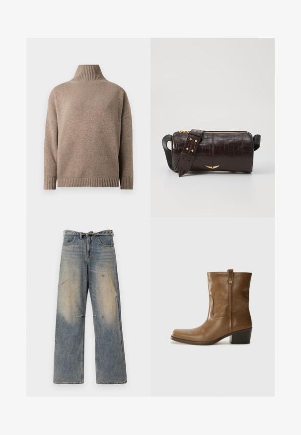 Brauner, gestrickter Rollkragenpullover mit langen Ärmeln sowie gerippten Bündchen und Saum, dargestellt vor weißem Hintergrund.; Helle blaue Denim-Jeans mit einem lockeren, geraden Schnitt. Verfügt über Ausbleichungen, Verwaschungen und abgenutzte Details an den Knien. Klassisches Fünf-Taschen-Design.; Braune Leder-Ankle-Boots mit quadratischer Zehenform, strukturiertem Finish und niedrigem, gestapeltem Absatz. Ausgestattet mit einer Zuglasche auf der Rückseite und dezenten Stickdetails.; Braune, krokodilgeprägte Lederhandtasche mit zylindrischer Form, goldfarbener Hardware und einem abnehmbaren Tragegurt mit Nieten.