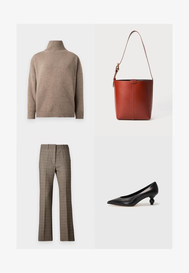 Hnedý pletený rolákový sveter s dlhými rukávmi a rebrovanými manžetami a lemom, zobrazený na bielom pozadí.; Hnedé kárované nohavice so strihom rovného nohu, s textúrovanou tkaninou a jemnými farbami béžovej a tmavších hnedých odtieňov v celom vzore.; Čierna kožená vysoká topánka na podpätku s ostrým špičkou a okrúhlym, guľatým podpätkom. Hladký povrch s moderným, minimalistickým dizajnom.; Hnedá kožená vedierková kabelka s nastaviteľným ramenným popruhom a zlatým sponou, jednoduchý vertikálny šev na prednej strane.