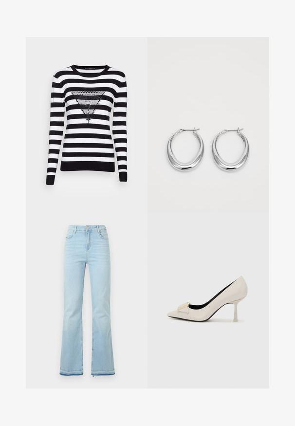 Guess PAULETTE - Camisola - black/white; Jeans flare azul claro feitos de denim, com uma cintura alta, bolsos frontais e uma bainha desgastada nas bainhas para um look casual.; Sandalias de salto alto bege com biqueira pontiaguda, material de couro brilhante, detalhe de acabamento dourado na parte da frente e um salto fino tipo stiletto.; Um par de brincos em forma de lua crescente, prateados e polidos, com fechos articulados sobre um fundo branco.