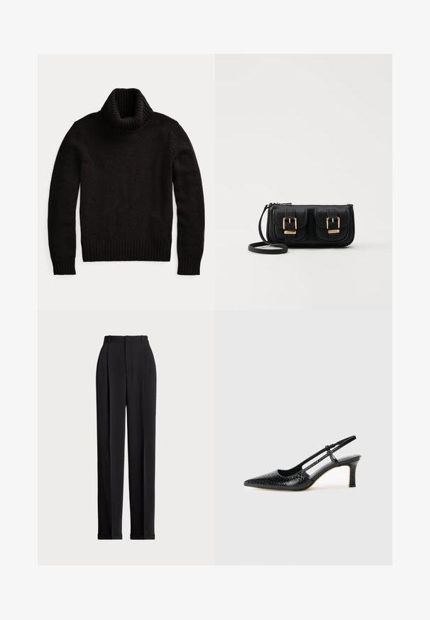 Črna turtleneck pulover iz teksturiranega pletenega materiala. Ima visok, rebrast ovratnik ter rebraste manšete in rob za udoben oprijem.; Črne krojene hlače z visokim pasom, z naborki spredaj, ravnim krojem in manšetami na koncu. Narejene iz gladkega materiala.; Črne lakaste slingback pete s koničastim nosom, ki imajo teksturiran vzorec kačje kože, nastavljiv trak in kratek teksturiran blok peto.; Črna usnjena torbica čez ramo z dvema sprednjima žepoma, zlatimi zaponkami, zadrgo in ozkim pasom. Tekstura površine je strukturirana, obliko pa ima kompaktno pravokotno.