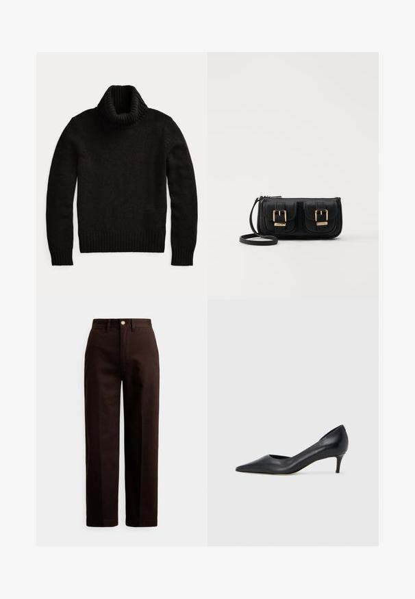 Pull preto de gola alta feito de tecido de malha texturizada. Apresenta uma gola alta canelada e punhos e barra canelados para um ajuste confortável.; Calças castanho-escuro de perna reta com fecho de botão e fecho éclair, passantes para cinto e bolsos frontais contra um fundo branco.; Sapato de salto alto preto em pele com bico fino e salto baixo. Apresenta uma textura suave e brilho subtil. Corte aberto na parte da frente para um detalhe adicional.; Bolsa de ombro em couro preto com dois bolsos frontais, fivelas douradas, fecho de zíper e uma alça fina. Superfície texturizada e forma retangular compacta.