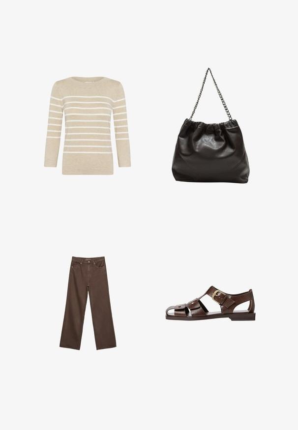 Beige neulepaita, jossa on vaakasuorat valkoiset raidat, pyöreä pääntie ja kolme neljäsosapituista hihoja. Pehmeä rakenne ja suora leikkaus.; Leviittävät ruskeat farkut, jotka on valmistettu denimistä, korkea vyötärö, etutaskut ja klassinen nappikiinnitys. Silkkinen pinta hienovaraisella ompelutyöllä.; Ruske nahkale sandale s izrezanim dizajnom, prilagodljivo sponko na strani in ravnim podplatom, z metalnimi detajli in odprtimi prsti.; Ruskea nahkainen laukku, jossa on kerätty yläosa ja ketjuhihna. Tasainen pinta, jossa kiiltävä viimeistely ja hienovaraiset sauman yksityiskohdat sivuilla.
