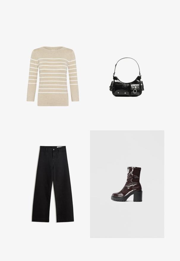 Bežani pleteni pulover s horizontalnim bijelim prugama, okruglim izrezom i rukavima do tri četvrtine. Mekana tekstura i ravni kroj.; Crne široke traperice s visokim strukom, s prednjim i stražnjim džepovima, šivenim šavovima i kopčanjem na gumb. Glatka tekstura.; Sjajna burgundska čizma do gležnja s debelim crnim potplatom, koja se odlikuje glatkom teksturom i jednostavnim dizajnom. Nema vidljivih kopčanja ili uzoraka.; Crna patentna kožna torba s zakrivljenim oblikom, jednim remenom za rame, prednjim džepovima i akcentima od srebrnog tona.