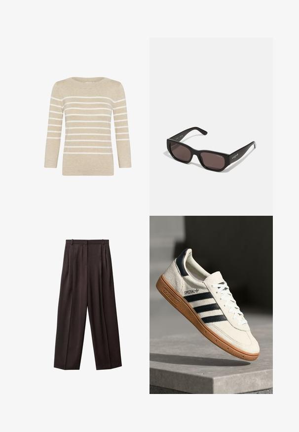 Beige knit sweater with horizontal white stripes, round neckline, and three-quarter sleeves. Soft texture and straight cut design.; Wide-leg trousers in dark brown fabric. Features include pleats at the front, a waistband with belt loops, and side pockets. Smooth texture.; White suede sneaker with navy stripes, rubber gum sole, textured upper, round toe, and lacing; features branding on the side and tongue.; Black rectangular sunglasses with dark lenses. Features a smooth plastic frame and logo detail on the temple. Clean, modern design.
