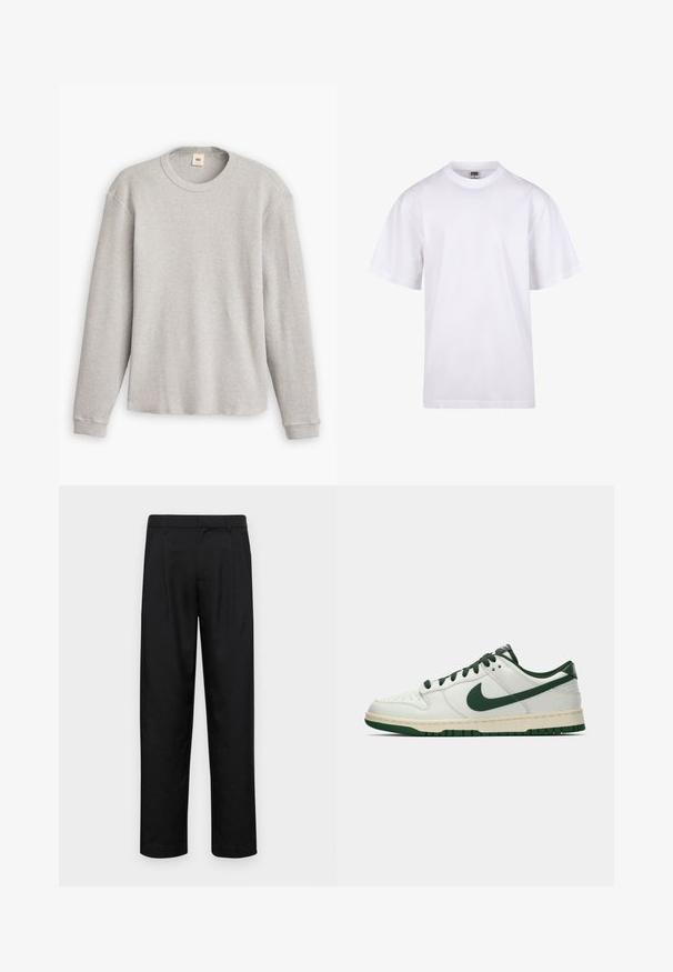 Grey long-sleeve knit sweater with a ribbed texture, round neckline, and straight hem. Cuffs are fitted, made of soft fabric.; White cotton t-shirt with a crew neckline, short sleeves, and a relaxed fit. Features plain design without patterns or accents.; Black trousers made of smooth fabric, featuring a straight-leg design, two front pleats, and standard waistband with belt loops.; White low-top sneaker with dark green Nike swoosh, laces, and sole accents, shown in profile on a plain white background.