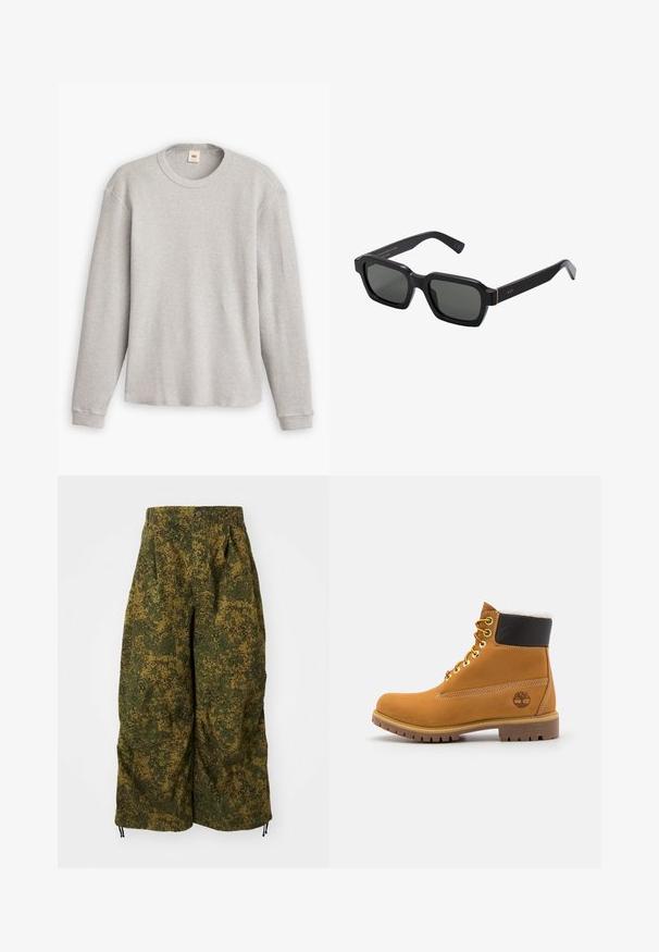 Grijze lange mouwen trui van gebreid materiaal met een geribbeld patroon, ronde halslijn en rechte zoom. De manchetten zijn aansluitend en gemaakt van zachte stof.; Wijdvallende broek met groene en bruine pixelachtige camouflageprint, knoopsluiting en trekkoorden aan de onderkant.; Bruine leren enkellaars met metalen oogjes, witte faux bont voering, zwarte gewatteerde kraag, robuuste zool en een reliëflogo aan de zijkant.; Zwarte, vierkantvormige zonnebril met grijzige lenzen. Dikke plastic montuur met gouden accenten en branding op de poot. Soepele textuur.