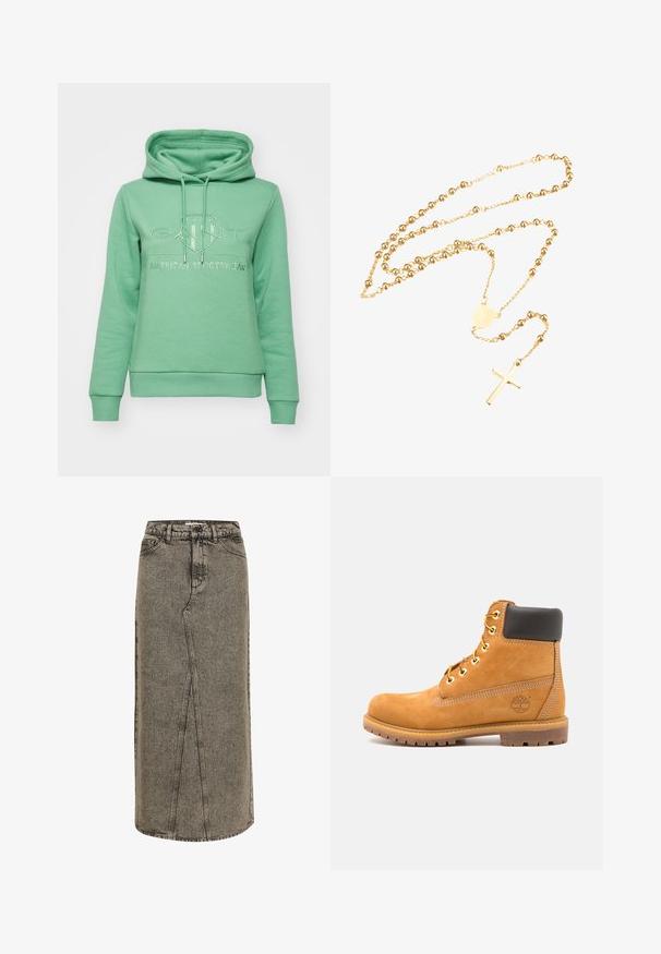 GANT TONAL SHIELD HOODIE - Felpa con cappuccio - seacrest green; Gonna maxi in denim nera sfumata con taglio dritto, cuciture visibili e spacco anteriore. Caratterizzata da una vita standard e passanti per cintura.; Stivale alla caviglia in pelle marrone con imbottitura nera, occhielli dorati e suola texturizzata. Presenta un logo circolare su un lato e dettagli di cucitura.; Collana rosario in tono oro con perle sferiche, un medaglione decorativo centrale e un pendente a croce. Finitura liscia in tutto.
