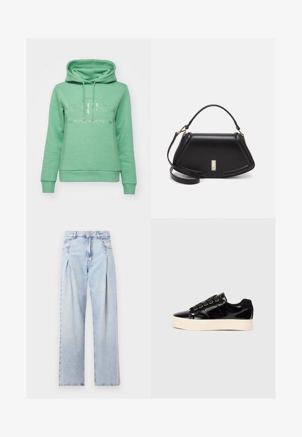GANT TONAL SHIELD HOODIE - Jersey con capucha - seacrest green; Jeans de mezclilla azul claros con cintura alta, corte de pierna ancha, dos bolsillos laterales y un diseño plisado. Textura suave con un acabado deslavado.; Zapatillas de charol negro con suela plana color crema. Presentan cordones negros, ojales dorados y detalle del logo en el lateral. Diseño de punta redonda.; Bolso de mano de cuero negro con un diseño estructurado, que presenta una forma recortada, asa superior y acentos en dorado. Correa de hombro ajustable incluida.