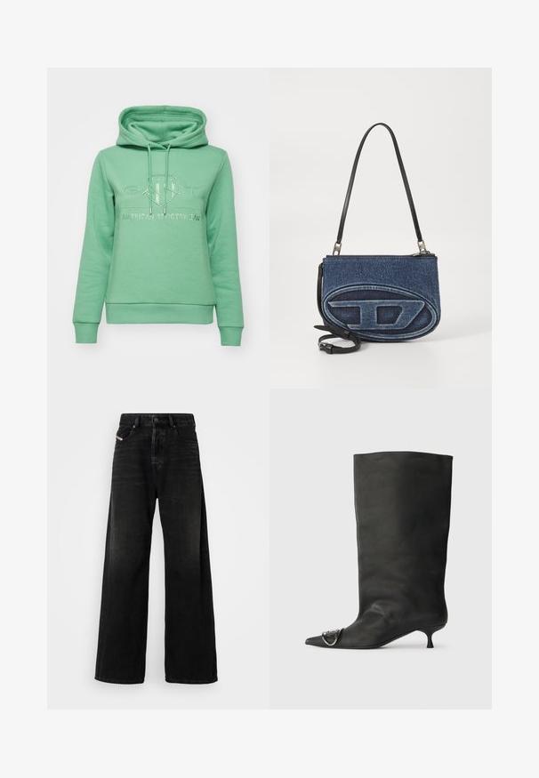 GANT TONAL SHIELD HOODIE - Mikina s kapucňou - seacrest green; Široké čierne džíny s vysokým pásom, so zapínaním na gombík, prednými vreckami a vyblednutou textúrou.; Čierna kožená členková topánka s špicatou špičkou, malým podpätkom a kovovým akcentom na špičke. Hladká, matná textúra po celom povrchu.; Džínová crossbody taška s čiernym koženým popruhom, oválny dizajn loga na prednej strane a zips na vrchu. Textúrovaný povrch.