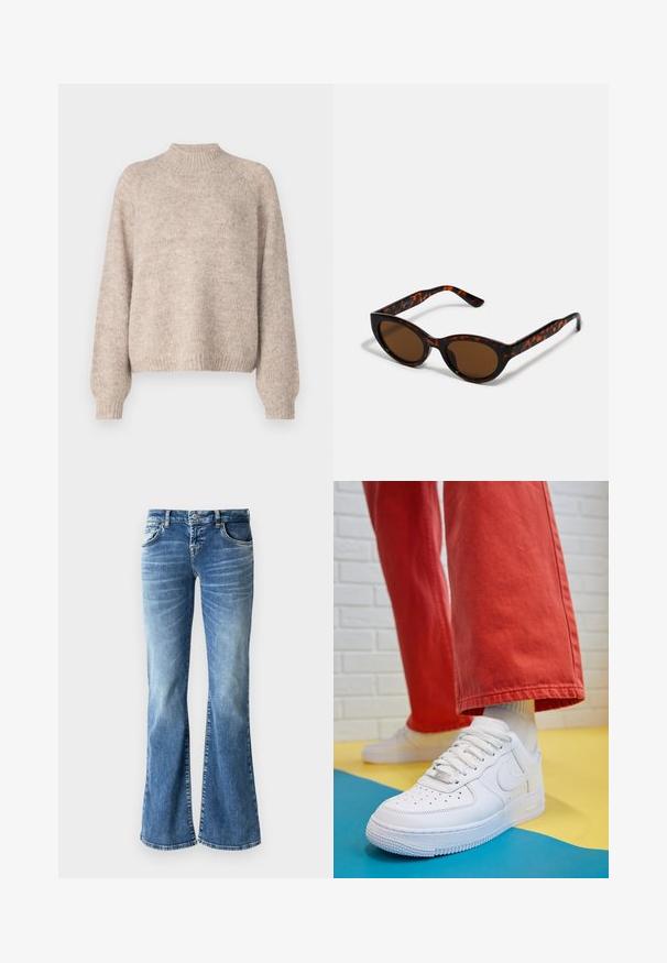 Bežs adīts džemperis ar augstu apkakli, ribotām piedurknēm un brīvu piegriezumu, ar mīkstu faktūru un smalkām krāsas svārstībām.; Gaiši zili džinsu bikses ar flared piegriezumu un izbalējušu apdari, piecas kabatas, izšūtas detaļas un ar rāvējslēdzēju ar pogu aizdari.; Baltās ādas kedas ar perforētu purngalu, teksturētu zoli un baltām auklām, apvienotas ar platām sarkanām biksēm un zilu un dzeltenu fona.; Brūnas pūķu kaula saulesbrilles ar vintage kaķa acs formu un brūniem stikliem. Ievērojamas ar izliektiem ieročiem ar sarkaniem akcentiem.; Zelta auskari ar gludu, spīdīgu apdari. Apaļš dizains, kas ietver mazu tapu un caurspīdīgu pamatni drošai valkāšanai.
