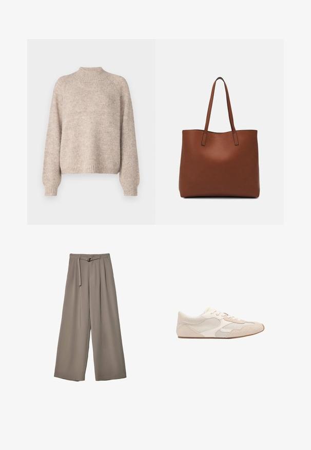 Beżowy knitowany sweter z półgolfem, ściągaczami przy mankietach i luźnym krojem, charakteryzujący się miękką strukturą i subtelnymi odcieniami koloru.; Spodnie o szerokich nogawkach w miękkim, stonowanym szarym materiale, z paskiem w talii i plisami dla dodania detali projektowych. Gładka tekstura, bez wzorów.; Beżowy sneaker wykonany z połączenia siateczki i zamszu, z zaokrąglonym noskiem, sznurowanym przodem i płaską gumową podeszwą.; Brązowa skórzana torba tote o gładkiej fakturze, z otwartym wierzchem i dwoma ramiączkami. Charakteryzuje się minimalnym przeszyciem i brakiem widocznych elementów metalowych.