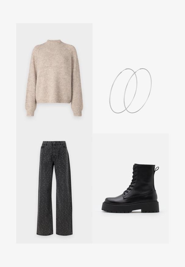 Beige neulepusero, jossa on korkea kaulus, ribbireunat ja rento istuvuus. Pusero tarjoaa pehmeän tuntuman ja hienovaraisia värivaihteluita.; Noisy May NMJANNEL LOOSE - Relaxed fit -farkut - black denim; Musta nahkainen nilkkureita, joissa on pyöreä kärki, nauhakiinnitys edessä ja paksu kumipohja, jossa on teksturoitu pinta. Takana vetotappi.; Hopehope hopeilla, joissa on minimalistinen muotoilu. Pyöreä muoto, sileä pinta ja ohut profiili. Kevyet ja kiillotetut.