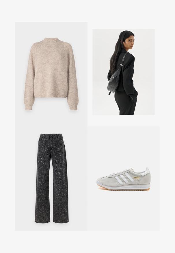 Beige neulepusero, jossa on korkea kaulus, ribbireunat ja rento istuvuus. Pusero tarjoaa pehmeän tuntuman ja hienovaraisia värivaihteluita.; Noisy May NMJANNEL LOOSE - Relaxed fit -farkut - black denim; Vaaleanharmaat sneakerit, jotka on valmistettu mokasta ja verkosta, sisältäen kolme valkoista raitaa, pyöreän kärjen ja kumisen pohjan. Kultainen logo yksityiskohta nauhojen läheisyydessä.; Nainen, jolla on pitkä tumma hius, pukeutuneena mustaan pukuun, kantaa mustaa nahkatoimistolaukku ja katsoo yli olkansa valkoista taustaa vasten.; Hopehope hopeilla, joissa on minimalistinen muotoilu. Pyöreä muoto, sileä pinta ja ohut profiili. Kevyet ja kiillotetut.