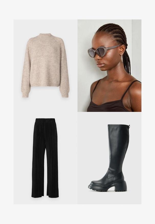 Bežani pleteni pulover s lažnim izrezom, rebrastim manžetama i opuštenim krojem, s mekanom teksturom i suptilnim varijacijama u boji.; Crne plisirane hlače s elastičnim pojasom. Imaju široke nogavice i glatku, teksturiranu tkaninu s vertikalnim prugama.; Visoke crne kožne čizme s debelim platformskim đonom i blok petom, s patentom za povlačenje i teksturiranim uzorkom na potplatu.; Sive velike sunčane naočale s okruglim oblikom i tamnim lećama. Elegantan plastični okvir s glatkom završnom obradom. Model ima pletenu kosu.