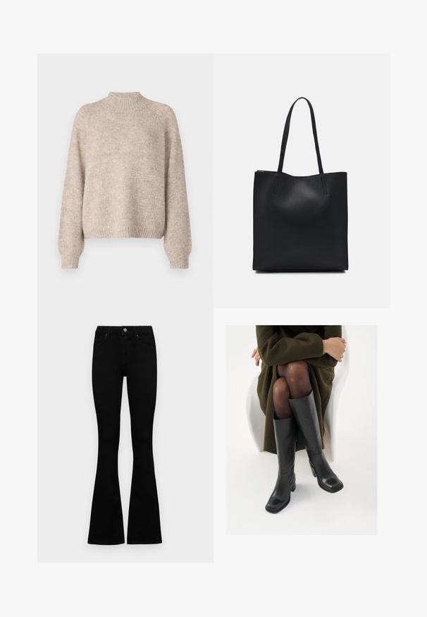 Beige kötött pulóver álló nyakkal, bordás mandzsettákkal és laza szabással, puha tapintással és finom színváltozásokkal.; Fekete, magas derekú farmernadrág gomb- és cipzárzárral, elülső zsebekkel és harangszárral, laposan egy fehér háttérre terítve.; Térdfelett érő fekete bőr csizmák négyzet alakú orral és tömbtalppal, olajzöld kabátban ülő modellel bemutatva. Simaság, minimalista részletezés.; Fekete bőrtáska sima felszínnel, téglalap alakú, két hosszú füllel. Nincs látható fémkiegészítő vagy díszítés.