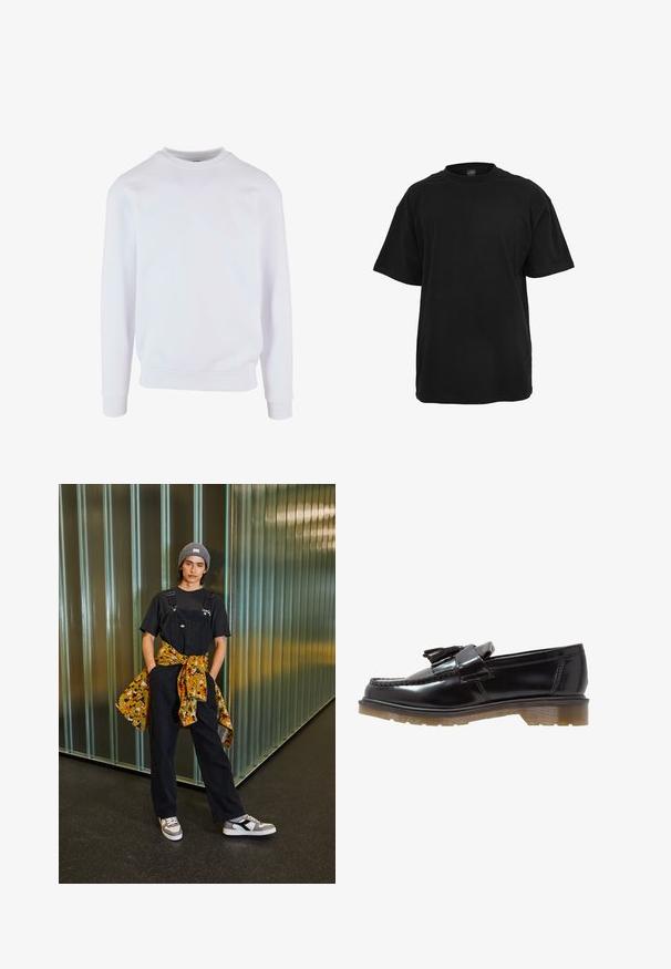 Weißes Sweatshirt mit rundem Halsausschnitt, gerippten Bündchen und Saum sowie einem schlichten Design. Hergestellt aus weichem, leichtem Stoff.; Schwarzes Baumwoll-T-Shirt mit lockerer Passform, kurzen Ärmeln, rundem Halsausschnitt und einer glatten, gleichmäßigen Textur. Keine sichtbaren Logos oder Muster.; Schwarze Denim-Latzhose mit verstellbaren Trägern, kombiniert mit einem schwarzen T-Shirt und einem bunte gemusterten Hemd, das um die Taille gebunden ist. Graue Mütze und Turnschuhe.; Schwarze lackierte Lederloafers mit geflochtenem Design, Quastenakzent und einer klobigen, strukturierten Gummisohle. Die Seitenansicht zeigt die schlanke Silhouette.